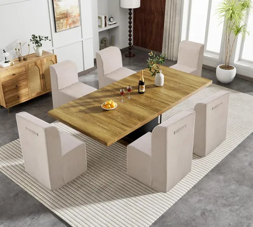 Vista 17 de Juego de mesa de comedor extensible marrón de 9 piezas para 8, 63 a 78.74 pulgadas, juego de mesa de cocina y comedor, mesa de comedor extensible