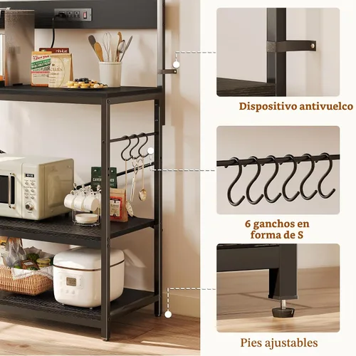 Vista 8 de SUPERJARE - Estante para panaderos con tomas de corriente, soporte para microondas de 39.4 x 14.3 pulgadas, estante de almacenamiento con estante