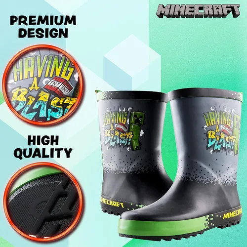 Vista 5 de Minecraft Botas de agua para niños, botas Wellington para niños y niñas, botas de lluvia impermeables, talla 11-3