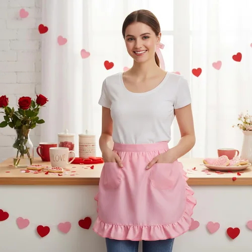Vista 13 de Geyoga Delantales para mujeres con bolsillos Cocina Cocinando Camarera Sirvienta Delantal Falda Vintage Lindo Volantes Vestido Disfraz, Blanco