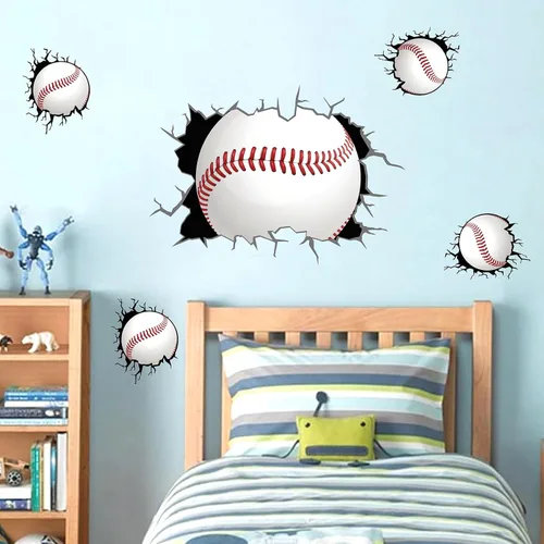 Vista 6 de Calcomanías de pared de béisbol 3D para decoración de dormitorio de Papel tapiz de béisbol, extraíble para despegar y pegar, decoración