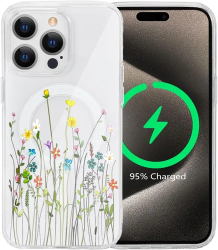 Vista 65 de Funda magnética de flores para iPhone 15 [compatible con MagSafe] Bonito patrón floral transparente a prueba de golpes