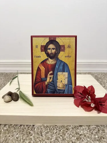 Vista 2 de Icono cristiano ortodoxo griego de madera Jesucristo el Pantocrátor (4 "x 5")