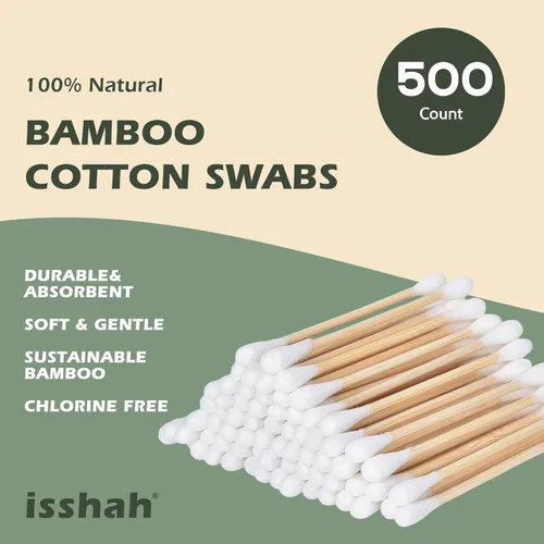 Vista 2 de Hisopos de algodón de bambú – 500 unidades – Certificado FSC y aprobado por PETA, puntas dobles ecológicas, palillos para los oídos sin plástico