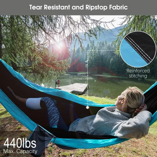 Vista 3 de Hamaca de campamento con red de mosquitos, toldo impermeable, correas de árbol de nailon resistentes, paracaídas, hamaca individual o doble, tienda