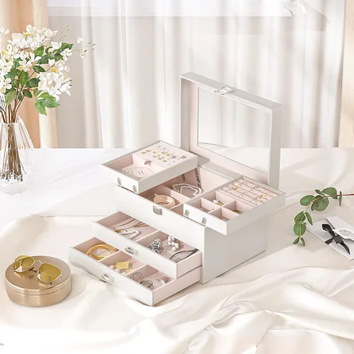 Vista 2 de HOOBRO Joyero para mujer organizador de joyas grande de 4 niveles organizador de joyas de viaje con tapa de cristal amplio espacio de almacenamiento