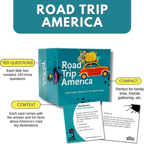 Vista 3 de ? WORD TEASERS Road Trip America - Juego de viaje por carretera y inicio de conversación - Juego de preguntas familiares sobre lugares para visitar