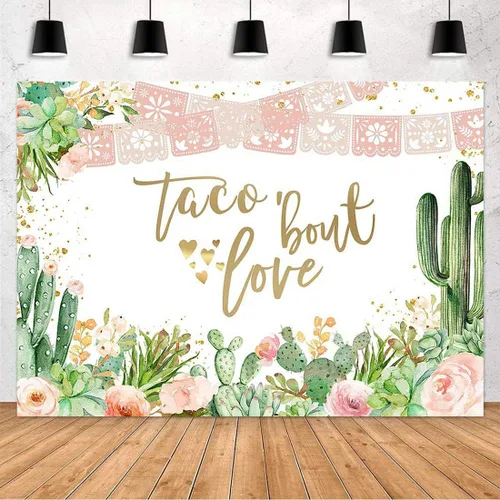 Vista 2 de Avezano Telón de fondo de amor con temática de Taco Bout Love y flores de cactus de oro rosa para boda, despedida de soltera, boda, compromiso