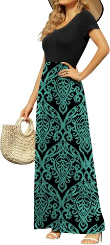 Vista 2 de DB MOON - Vestido largo de manga corta para mujer, vestido informal de cintura imperio, con bolsillos