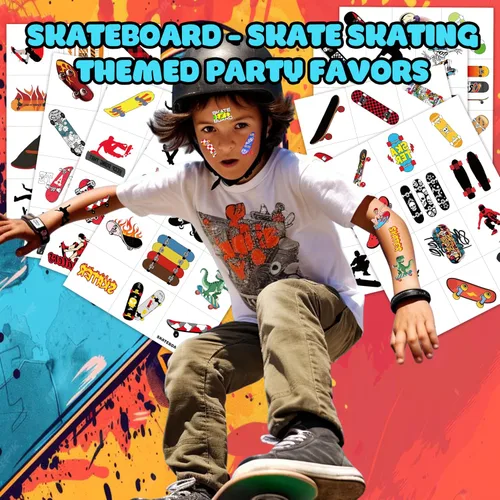 Vista 3 de 96 tatuajes temporales precortados para patineta, decoraciones de fiesta de cumpleaños con temática de patinaje, divertidas calcomanías para niños
