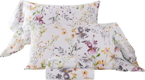 Vista 16 de ABREEZE Juego de sábanas con estampado floral beige, juego de ropa de cama bohemio, juego de ropa de cama de lujo de 4 piezas, medallón de damasco