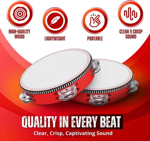 Vista 3 de Flexzion Pandereta de madera de mano para adultos de 6 pulgadas, doble fila de 8 pares de jingles (rojo) - Instrumento musical de pandereta redonda