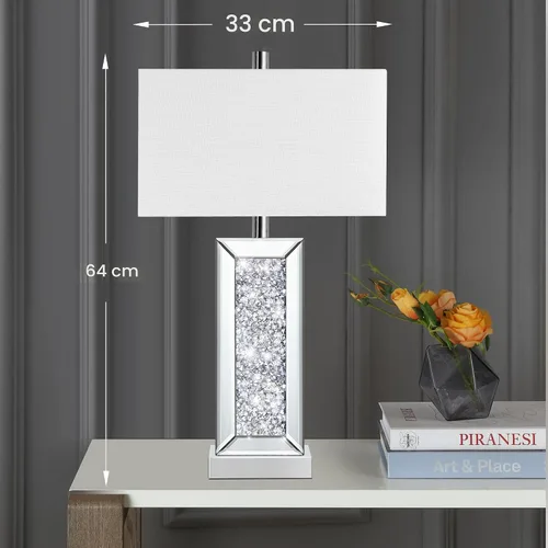 Vista 4 de Juego de 2 lámparas de mesa modernas con control táctil, lámpara de noche de espejo plateado con gran cristal de diamante, con puertos USB C+A