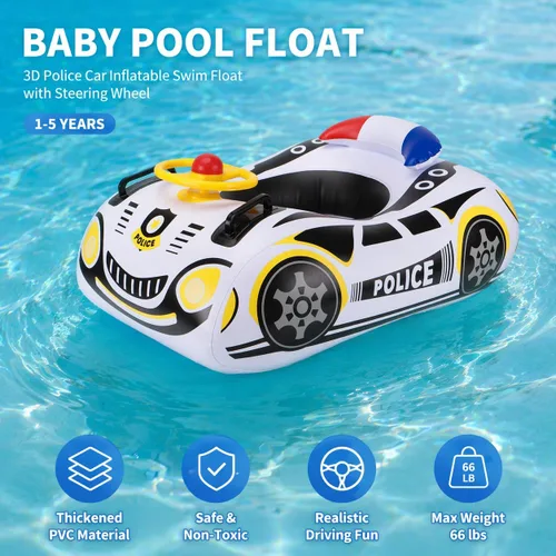 Vista 2 de Flotador de piscina para niños pequeños con volante, flotador de piscina para bebés sin giro con asiento y respaldo, PVC grueso inflable de policía
