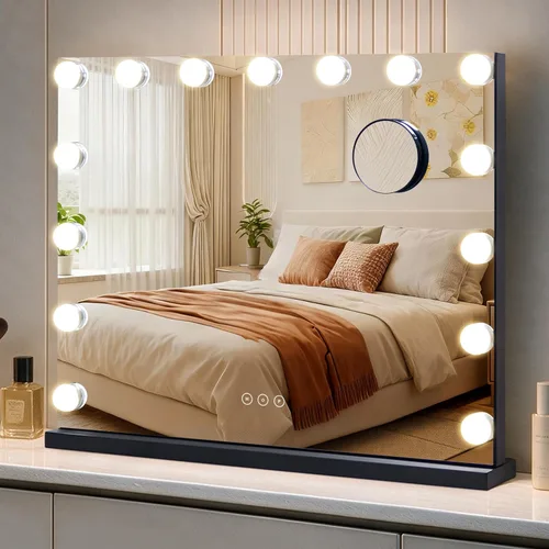 Vista 9 de Espejo de tocador con luces, espejo de maquillaje iluminado con bombillas LED regulables, 3 modos de iluminación de color, puerto de carga USB, Negro