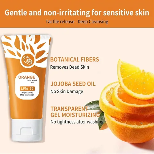 Vista 3 de Exfoliante de gel limpiador naranja para cara y cuerpo, limpieza profunda de los poros, elimina puntos negros, gel pelador suave con beneficios