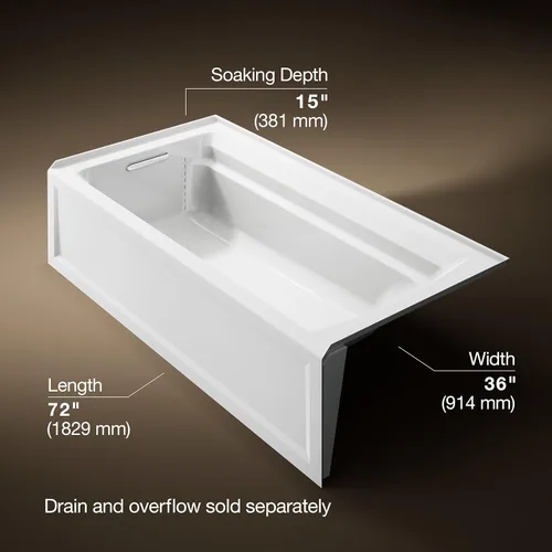 Vista 3 de Kohler 1125-LA-0 Archer® 72.4 in x 36.0 in baño alcobólico, drenaje izquierdo, Blanco Biscuit