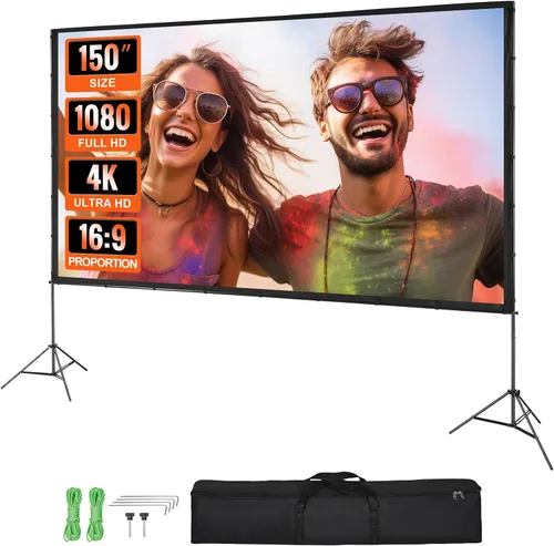 Vista 11 de VEVOR Pantalla de proyector con soporte, pantalla de proyección gran angular de 80 pulgadas y 160° para interiores y exteriores, 16:9 4K HD sin