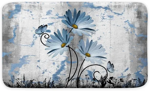 Vista 3 de Alfombra de baño rústica de granja, diseño de margaritas y mariposas en madera de campo, tapete de baño de madera color gris, blanco, azul marino