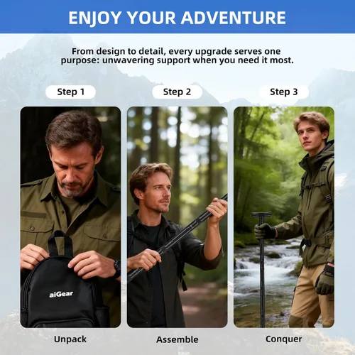 Vista 6 de aiGear G3 Tactical Walking Stick Self Defense, Upgraded Durable Hiking Stick with Multitool Adjustable 5-8 Tubes Modular Design for Hiking Camping