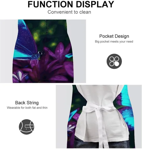 Vista 6 de MUSM Blue Purple Flower Butterfly Apron，Classic Vintage Funny with Pockets Aprons,Adjustable Bib Waterdrop Resistant for Kitchen Cooking Restaurant