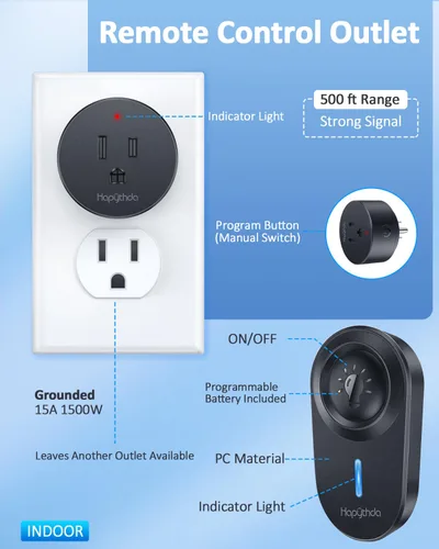Vista 7 de Enchufe de salida de control remoto, 15A/1500W, Kit de interruptores de luz remotos con rango RF de 500 pies, sin necesidad de cableado Enchufe