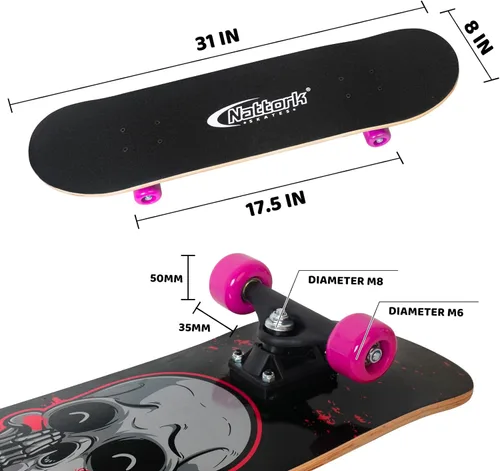 Vista 5 de Nattork - Monopatín completo de 31 pulgadas, patinetas estándar para principiantes, patinetas de trucos de 9 capas de madera de arce canadiense
