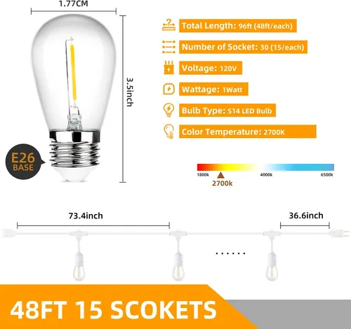 Vista 6 de Cadena de luces para exteriores de 96 pies (48 x 2), luz de patio de alambre blanco resistente de grado comercial con bombillas LED S14 Blanco-2700K