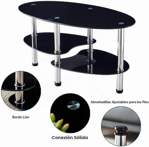 Vista 4 de Mesa de té de vidrio ovalada para oficina, mesa de centro moderna de 3 niveles, mesa auxiliar para sala de estar (negro)