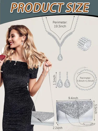 Vista 2 de Henoyso Juego de 5 piezas de joyería de diamantes de imitación con diamantes de imitación, bolso de mano para novia, graduación, collar, aretes