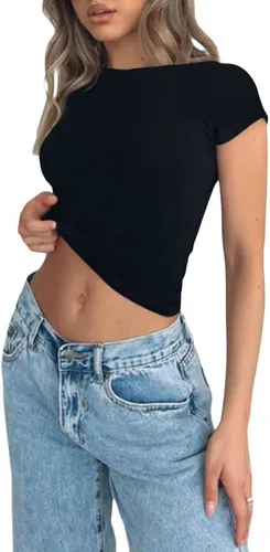 Vista 2 de Camisetas básicas de manga corta para mujer, cuello cuadrado, acanaladas, ajustadas, color sólido, ropa de calle