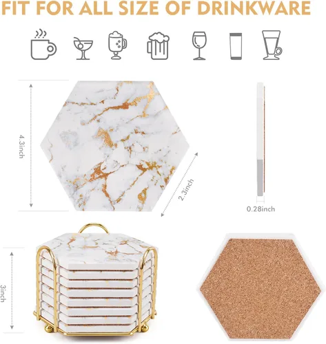 Vista 4 de Juego de posavasos de mármol para protección de mesa, 8 posavasos con soporte de metal, decoración del hogar, posavasos de bar