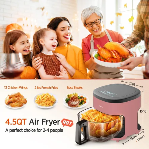 Vista 2 de Freidora de aire de 4.5 cuartos de galón, cocina compacta sin aceite de 1200 W con ventana de visión, cesta antiadherente y pantalla táctil digital