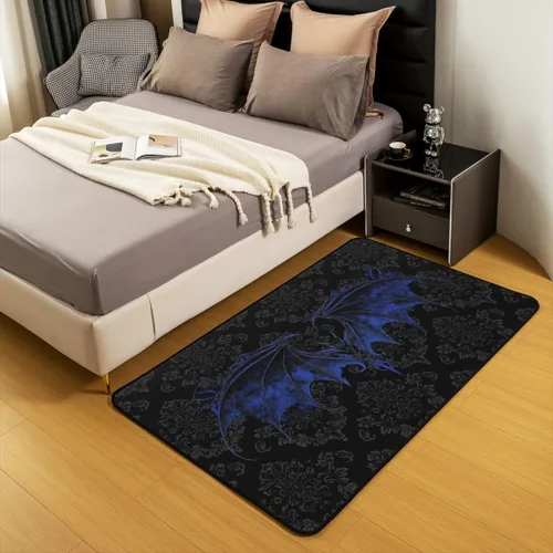 Vista 5 de Erosebridal Alfombra gótica de 3 x 5 pies, estilo bohemio, damasco, murciélago, sala de estar, antideslizante, negro, gris, azul, alfombra gótica