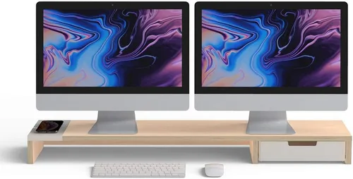 Vista 8 de POUT Soporte para monitor doble E9 con cajón, cargador inalámbrico y concentrador USB (negro oscuro)