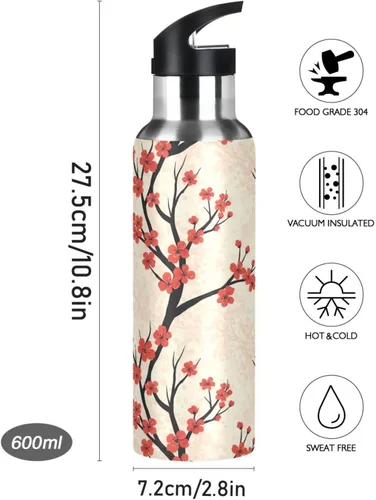 Vista 9 de Insulated Water Bottle 32 Oz, BPA-Free Sports Water Bottle with Straw for Gym Outdoor Travel School, Red Cherry Blossoms Dots