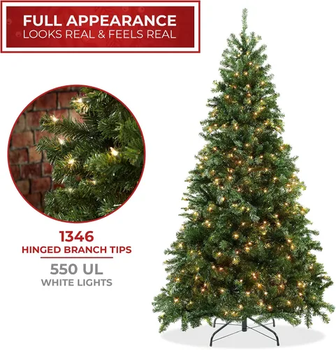 Vista 9 de Casafield - Árbol de Navidad artificial de verde pino realista, de 7.5 pies con luces y soporte de metal resistente