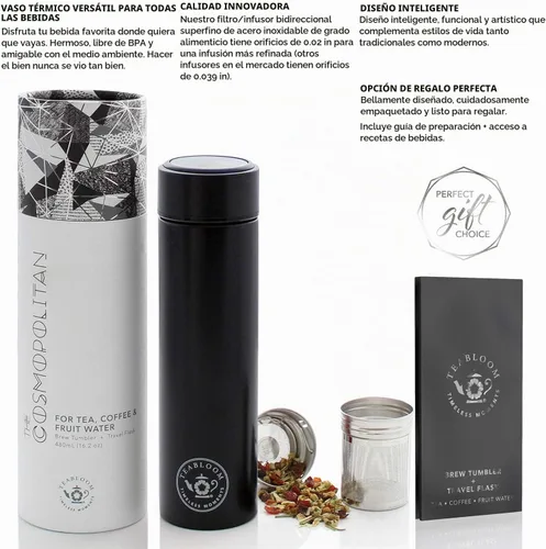 Vista 4 de Teabloom - El vaso y termo de viaje ORIGINAL All-Brew El favorito de OPRAH Botella de agua aislada de 16oz/480ml / frasco de té / taza de café