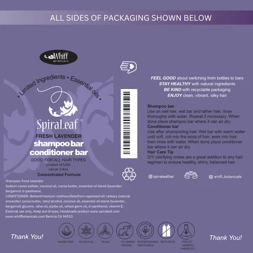 Vista 6 de SpiraLeaf Juego de barra de champú y acondicionador, aceites esenciales puros de lavanda fresca, aroma ligero, ingredientes limitados, fórmula