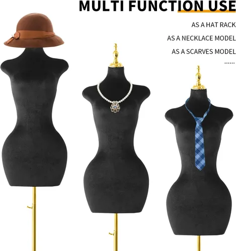 Vista 3 de Soporte de trípode de maniquí femenino de terciopelo negro,Maniquí ajustable en altura para cuerda,Maniquí de forma de vestido y exhibición de joyas