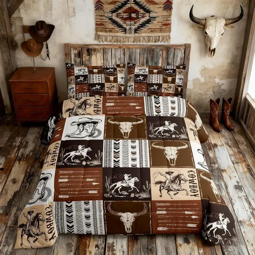 Vista 10 de Manfei Juego de edredón de vaquero occidental tamaño individual, juego de ropa de cama con estampado de calavera de toro, caballo y flecha, 2 piezas