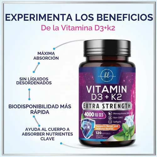 Vista 6 de Suplemento de vitamina D con K2 (MK-7) 4000IU - Vitamina D3, suplemento natural del complejo D3K2 para huesos, dientes, músculos, absorción
