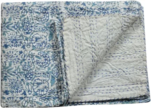 Vista 2 de YUVANCRAFTS Manta de algodón con estampado de bloques de mano india Kantha, tamaño Queen (blanco, individual de 90 x 60 pulgadas)