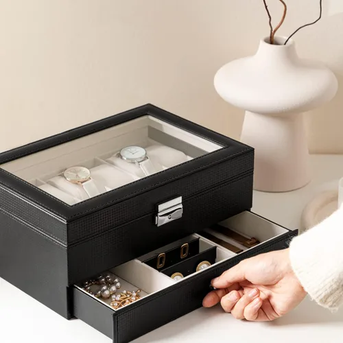 Vista 3 de Oyydecor Caja de reloj con 12 ranuras para relojes, organizador de joyas con cajón de joyas para almacenamiento y exhibición con cerradura (beige)