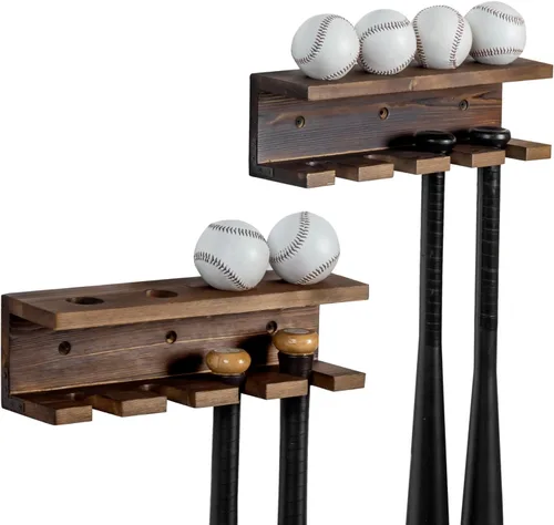 Vista 8 de MyGift Soporte de madera para bate de béisbol y estante de exhibición de bolas, estantes flotantes de recuerdos deportivos montados en la pared