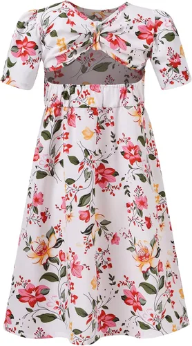 Vista 2 de SANGTREE Vestido floral de manga corta con corte en la espalda para niñas, 3-14 años