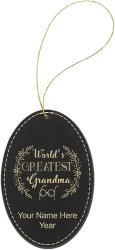 Vista 2 de LaserGram Personalized Christmas Ornament, World's Greatest Grandma, Faux Leather, Custom Laser Engraved Gift Idea (Oval Shape, Black with Gold)