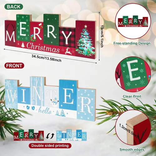 Vista 7 de Decoraciones de mesa de Navidad, centros de mesa de invierno de madera, Feliz Navidad, reversible, patrón de doble cara, letrero de pie para mesa