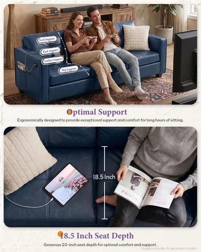 Vista 4 de TYBOATLE Sofá de dos plazas de piel sintética de 65 pulgadas para dormitorio, moderno y cómodo sofá de mediados de siglo con puertos de carga USB