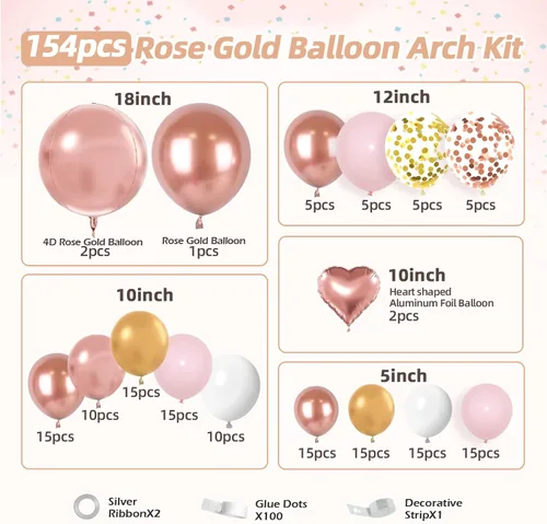 Vista 2 de Kit de guirnalda de arco de globos de oro rosa de 157 piezas, globos metálicos de oro rosa y oro rosa blanco para cumpleaños, baby shower, despedida